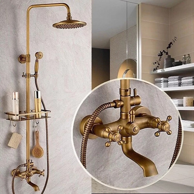 Discount Rainfall Antique Brass Shower Fixture 8 Inch Shower Head Handled  Shower Waterfall Tub Spout Wall Mounted Outdoor Shower System Shower Shelf  Shower Faucet for Sale