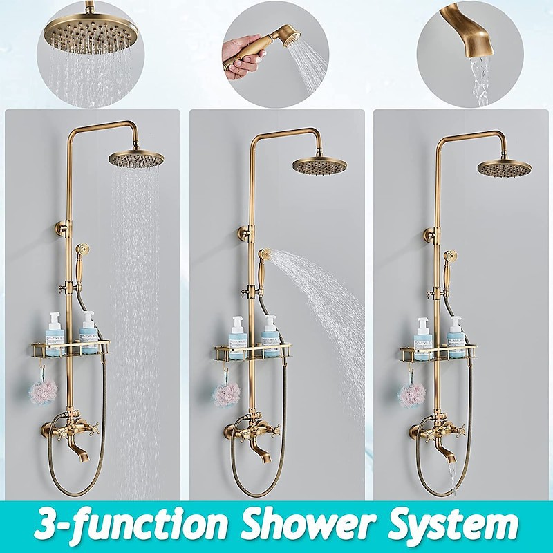 Rainfall Antique Brass Shower Fixture 8 Inch Shower Head Handled Shower  Waterfall Tub Spout Wall Mounted Outdoor Shower System Shower Shelf Shower